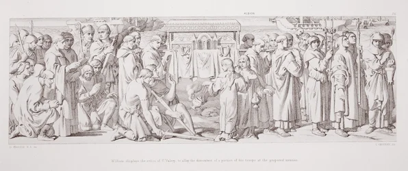 William zeigt die Reliquien von St. Valery, um die Unzufriedenheit eines Teils seiner Truppen bei der geplanten Invasion zu besänftigen, aus 